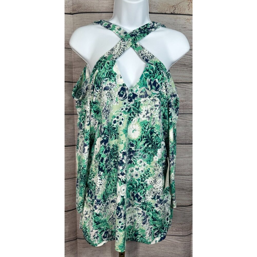 Cato Contour Fit Cold Shoulder Floral Ruched Long Sleeve Stretch Blouse 14/16W